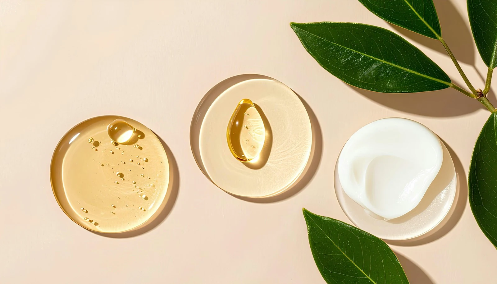Cosmetic cream and gel textures arranged with green leaves